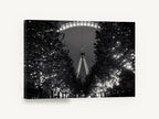 Eye Through the Lights, london eye black and white night photograph, city canvas wall art print ready to hang