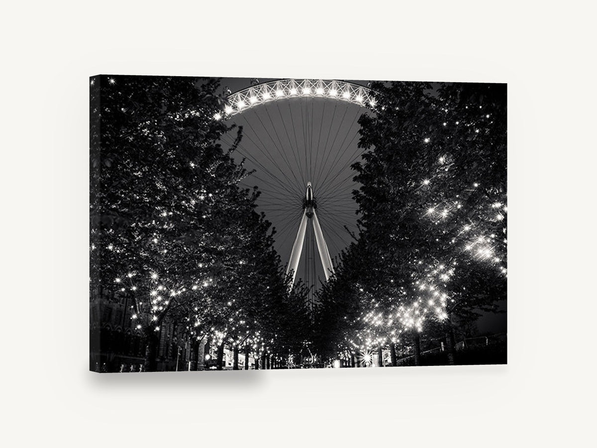 Eye Through the Lights, london eye black and white night photograph, city canvas wall art print ready to hang