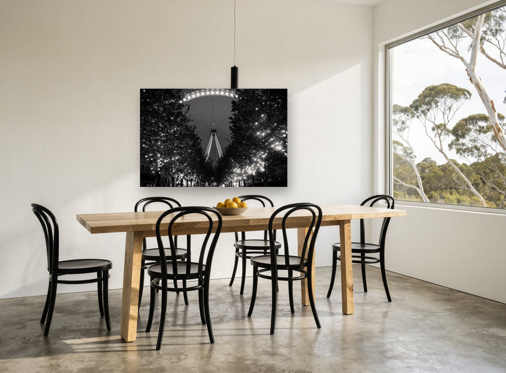 Eye Through the Lights city canvas print on the wall of a dining room
