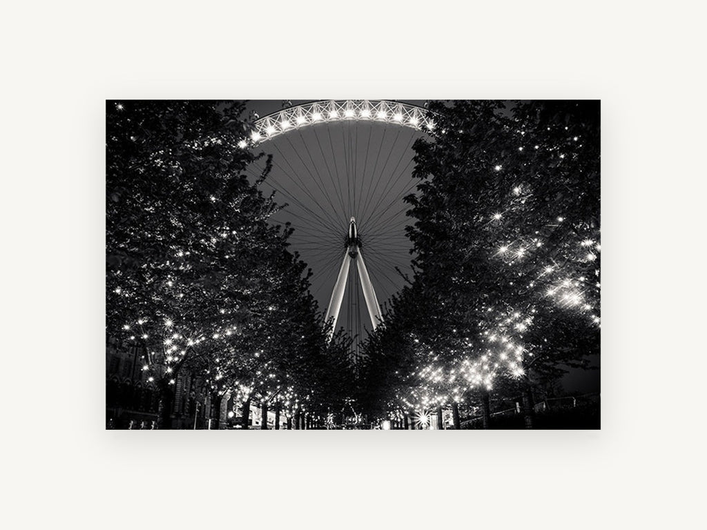 Eye Through the Lights, london eye black and white night photograph, city canvas wall art print, front view