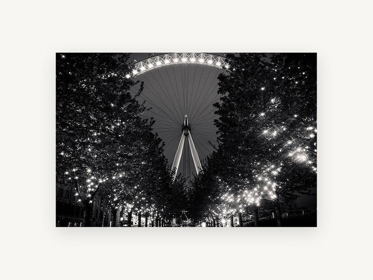 Eye Through the Lights, london eye black and white night photograph, city canvas wall art print, front view