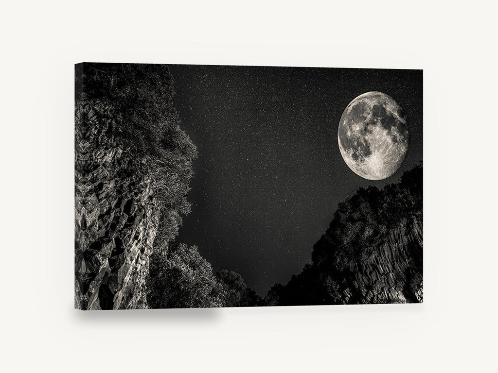 Moon Over the Gorge, full moon starry night gorge photograph, landscape canvas wall art print ready to hang