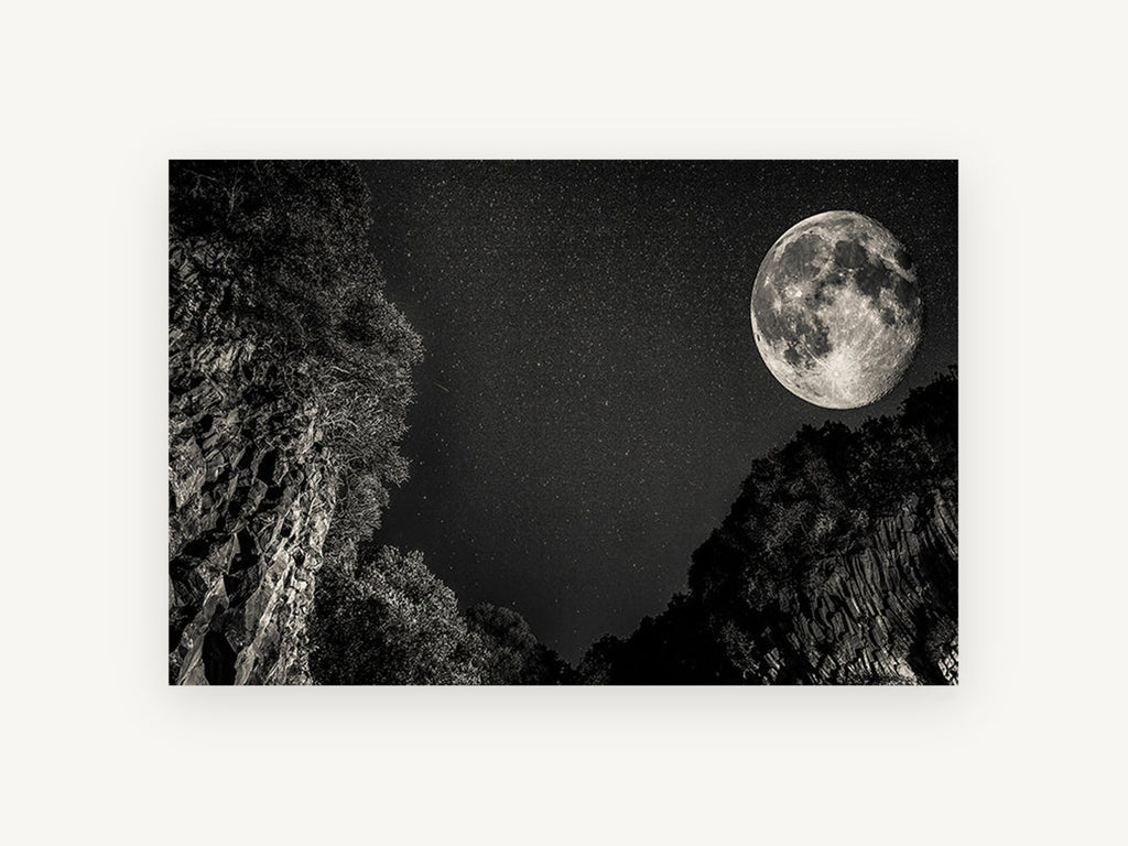Moon Over the Gorge, full moon starry night gorge photograph, landscape canvas wall art print, front view