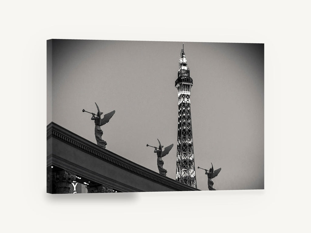 Trumpeting Angels Tower, eiffel tower replica angels black and white photograph, city canvas wall art print ready to hang