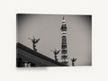 Trumpeting Angels Tower, eiffel tower replica angels black and white photograph, city canvas wall art print ready to hang