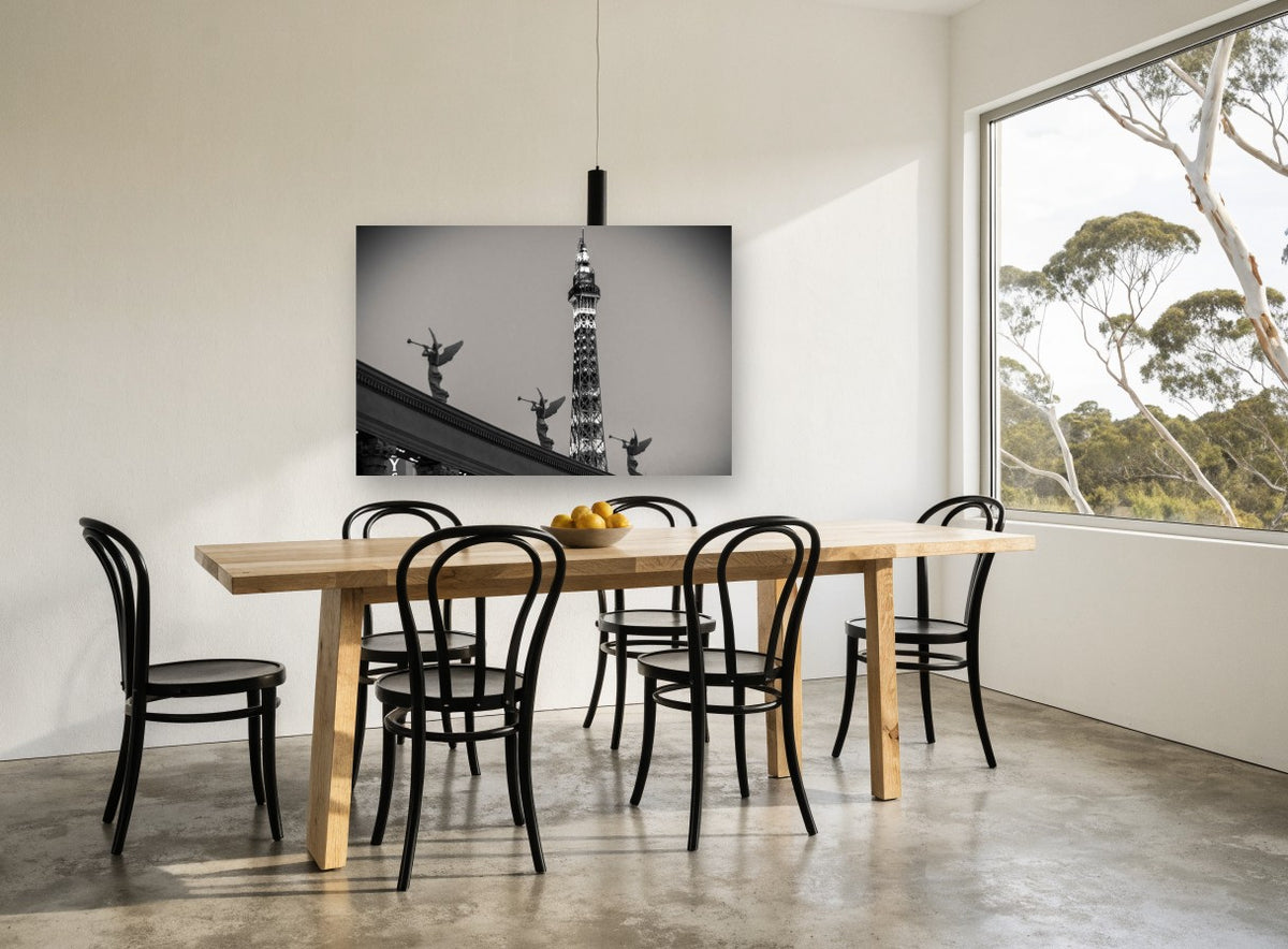 Trumpeting Angels Tower city canvas print on the wall of a dining room