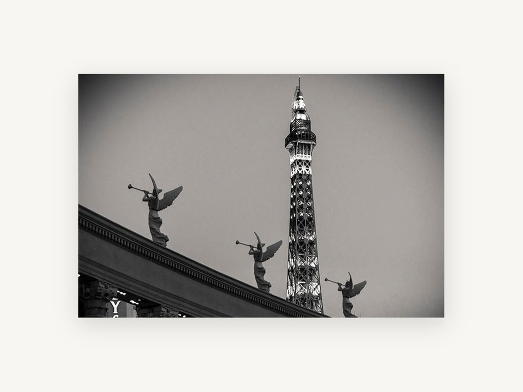 Trumpeting Angels Tower, eiffel tower replica angels black and white photograph, city canvas wall art print, front view