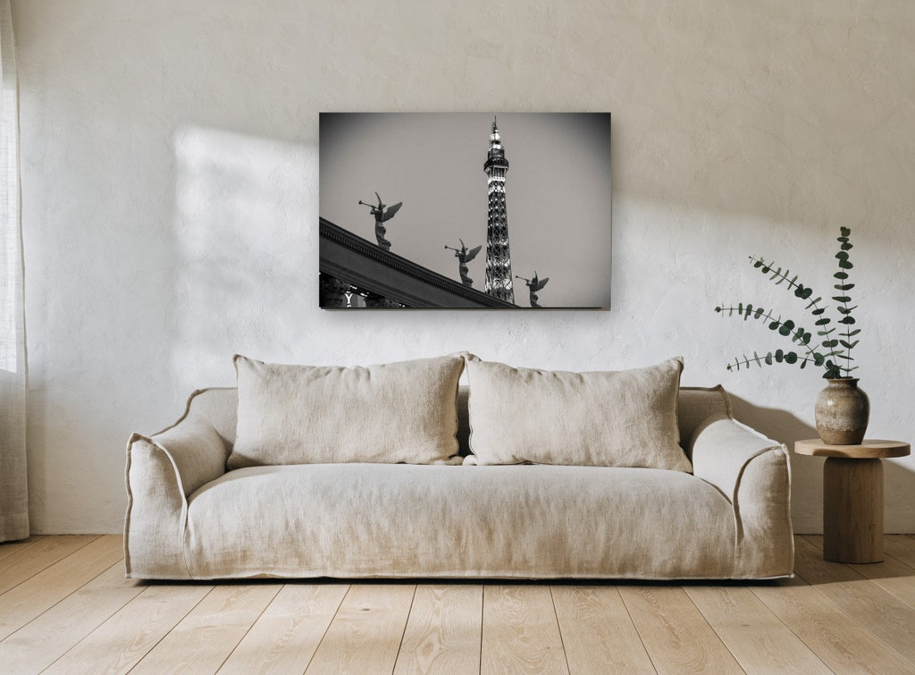 Trumpeting Angels Tower city canvas print on the wall of a living room