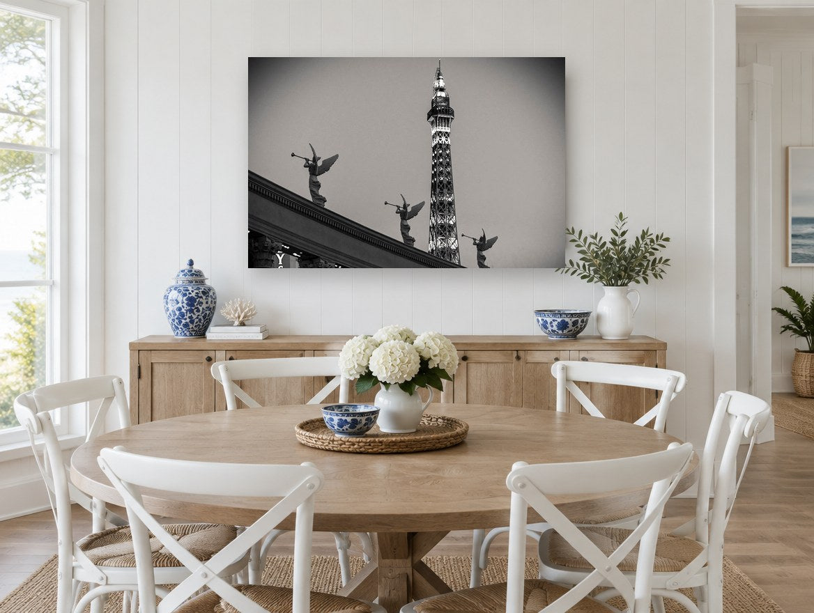 Trumpeting Angels Tower city canvas print on the wall of a Hamptons dining room