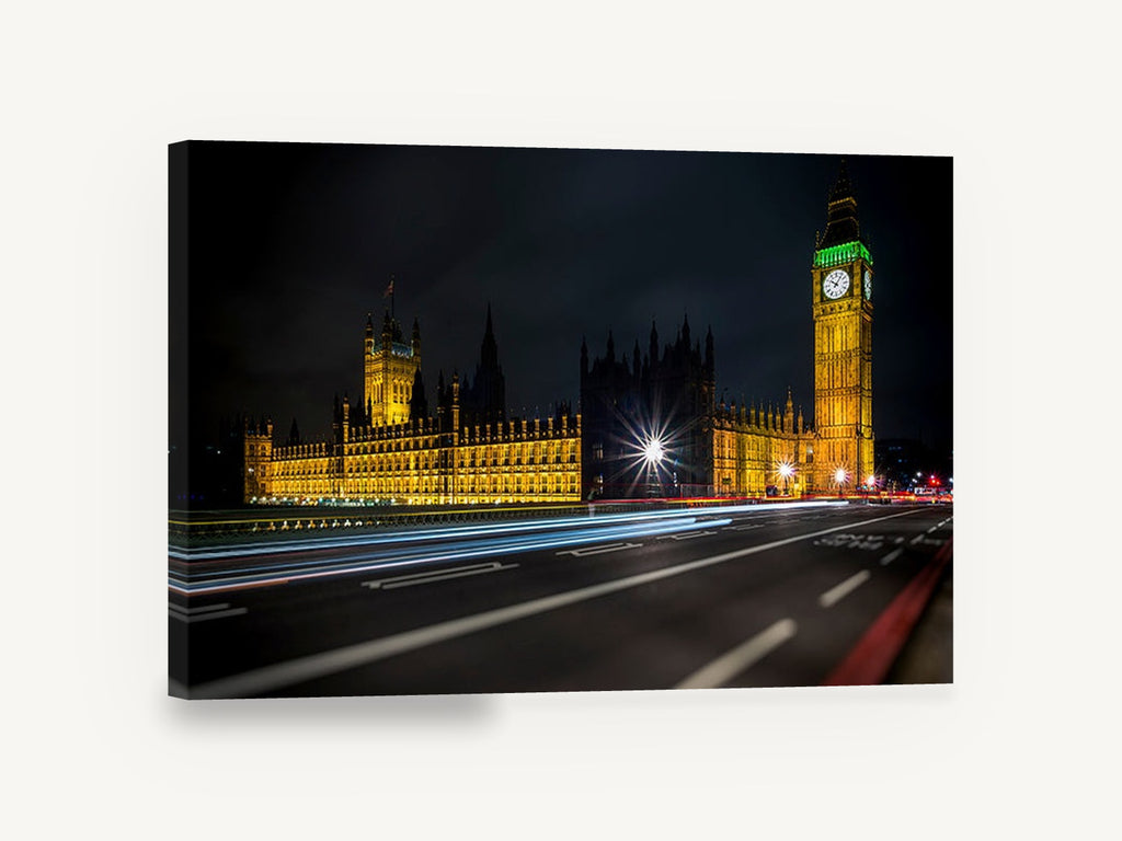 Westminster After Dark, big ben and parliament night photograph, city canvas wall art print ready to hang