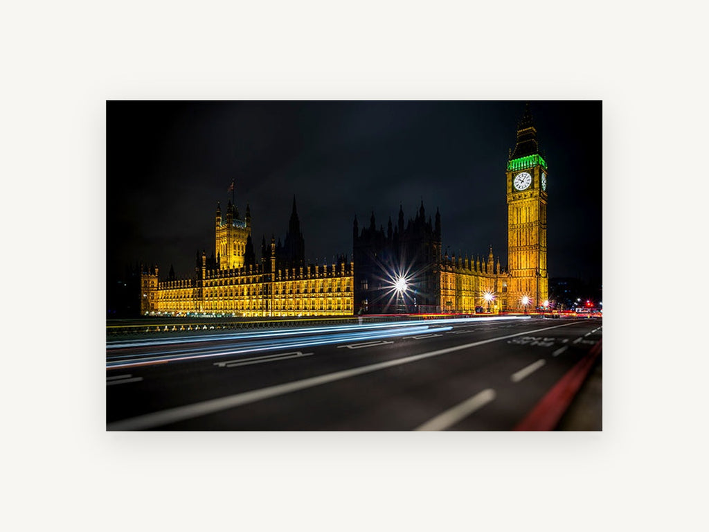 Westminster After Dark, big ben and parliament night photograph, city canvas wall art print, front view
