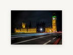 Westminster After Dark, big ben and parliament night photograph, city canvas wall art print, front view