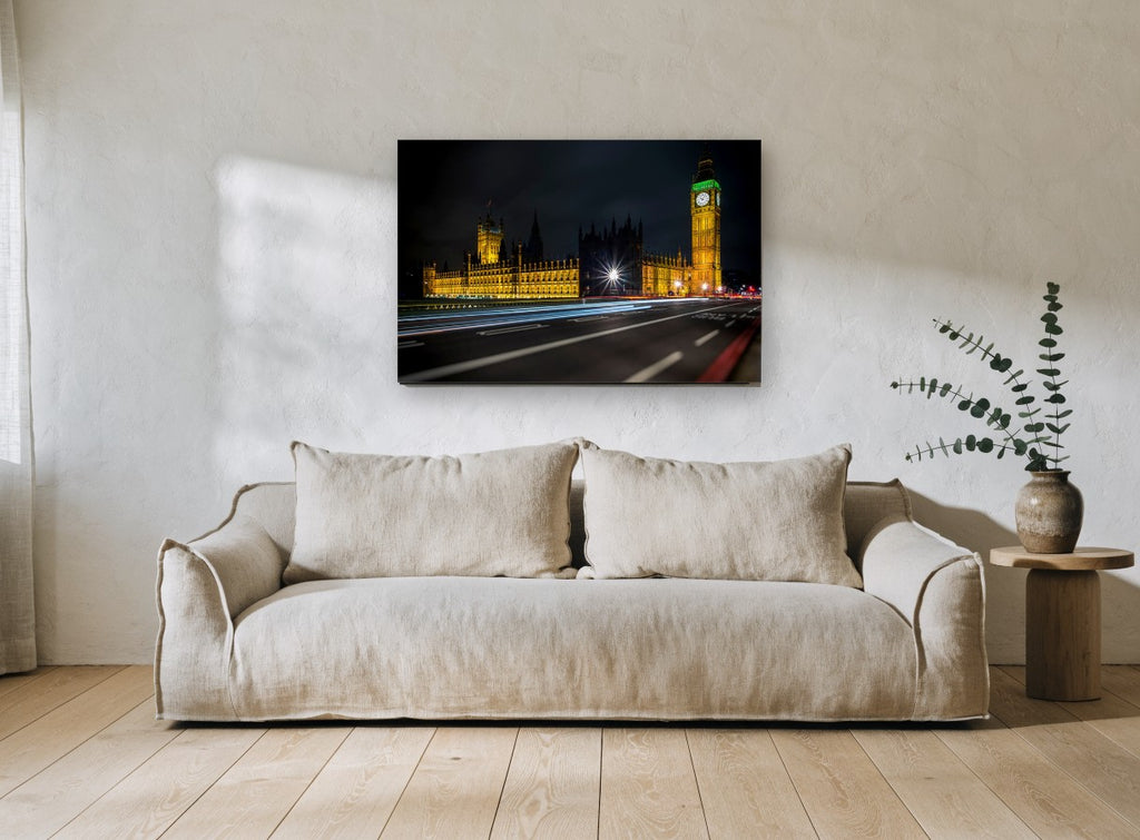 Westminster After Dark city canvas print on the wall of a living room