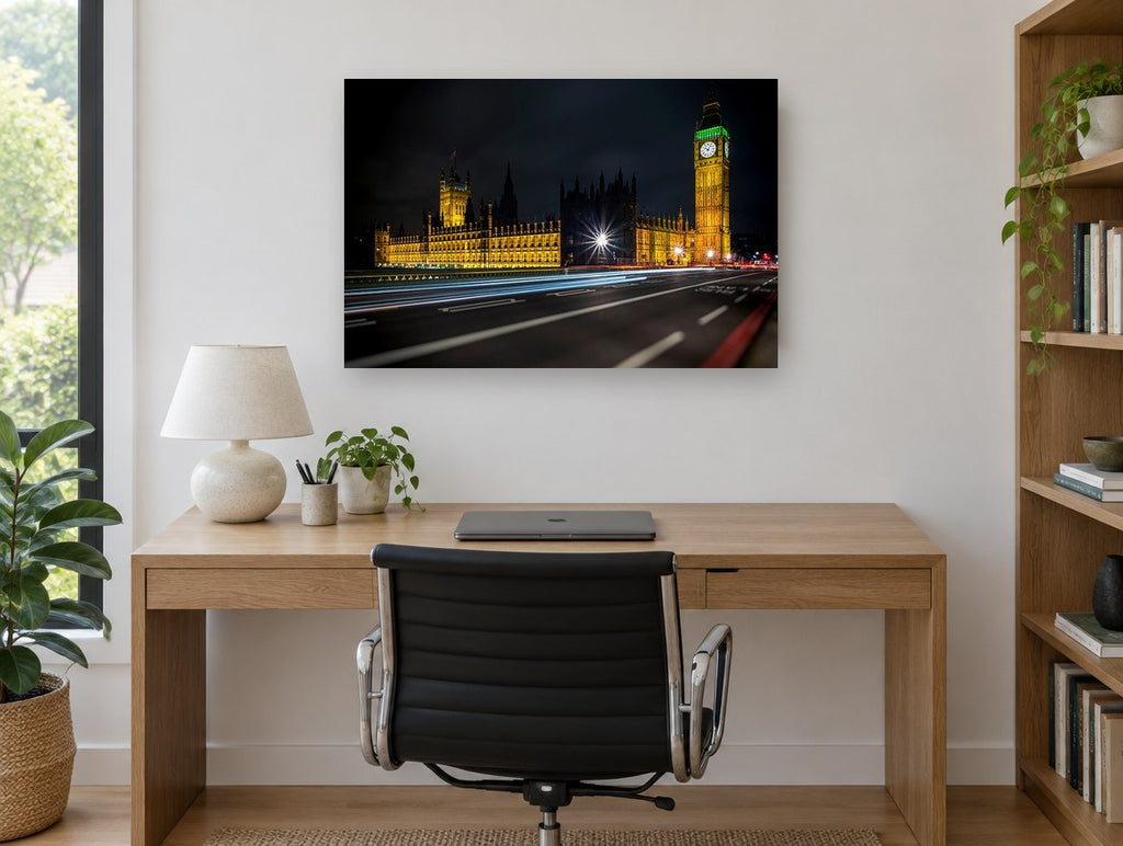 Westminster After Dark city canvas print on the wall of a study