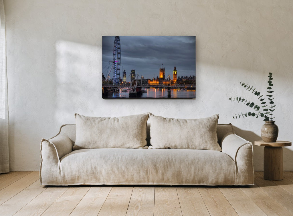 Thames Dusk Lights city canvas print on the wall of a living room