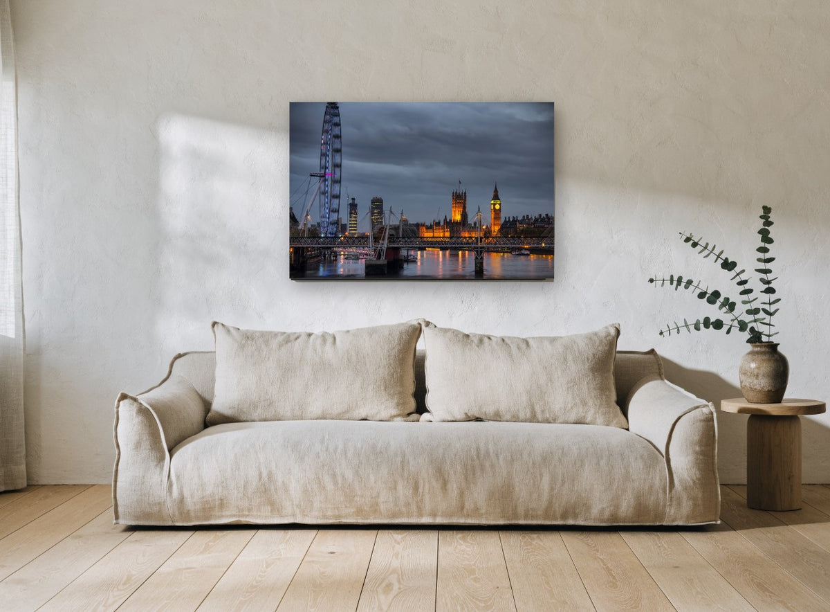 Thames Dusk Lights city canvas print on the wall of a living room
