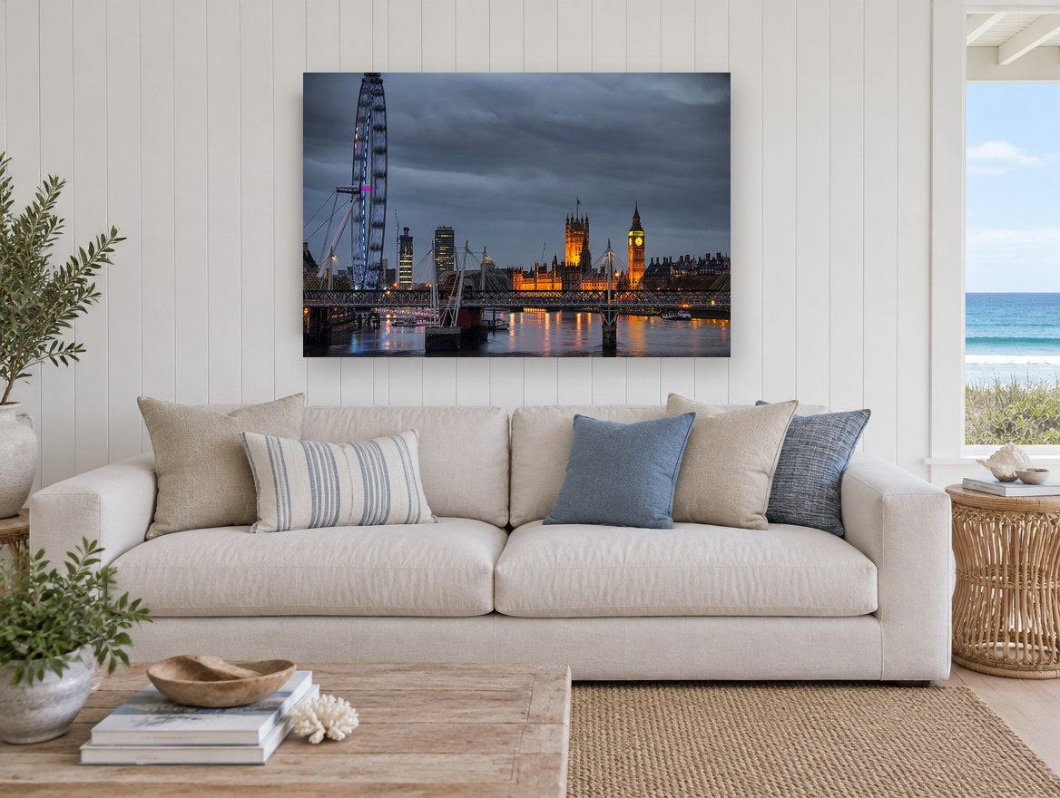 Thames Dusk Lights city canvas print on the wall of a beach house living room