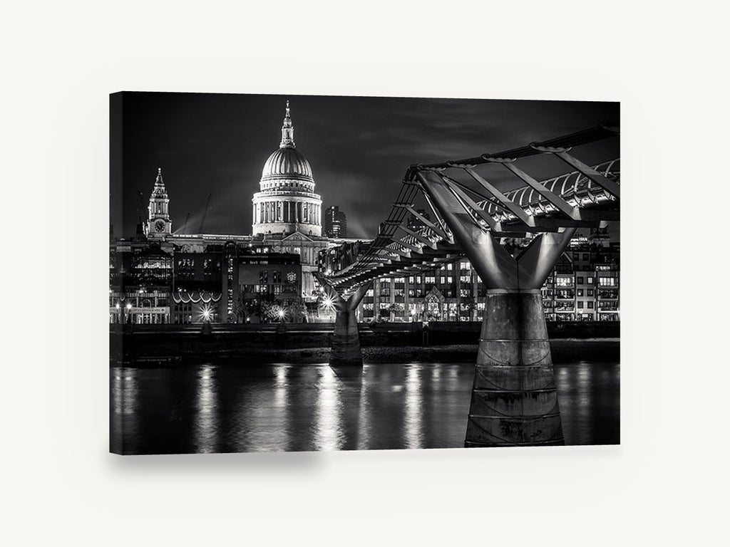 Dome Over the Thames, st paul's and millennium bridge night photograph, city canvas wall art print ready to hang