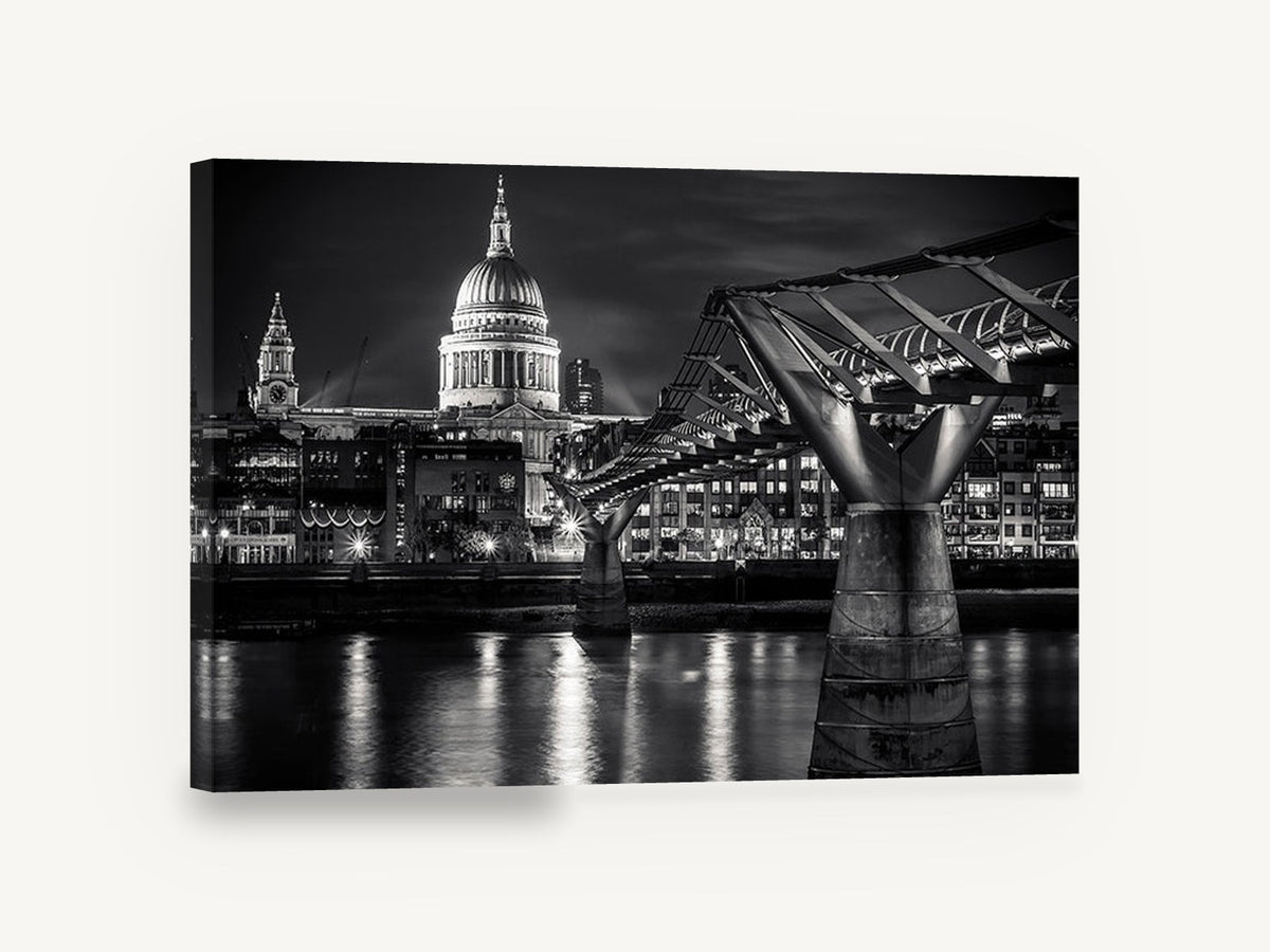 Dome Over the Thames, st paul's and millennium bridge night photograph, city canvas wall art print ready to hang