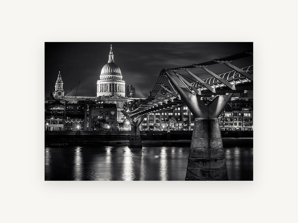 Dome Over the Thames, st paul's and millennium bridge night photograph, city canvas wall art print, front view