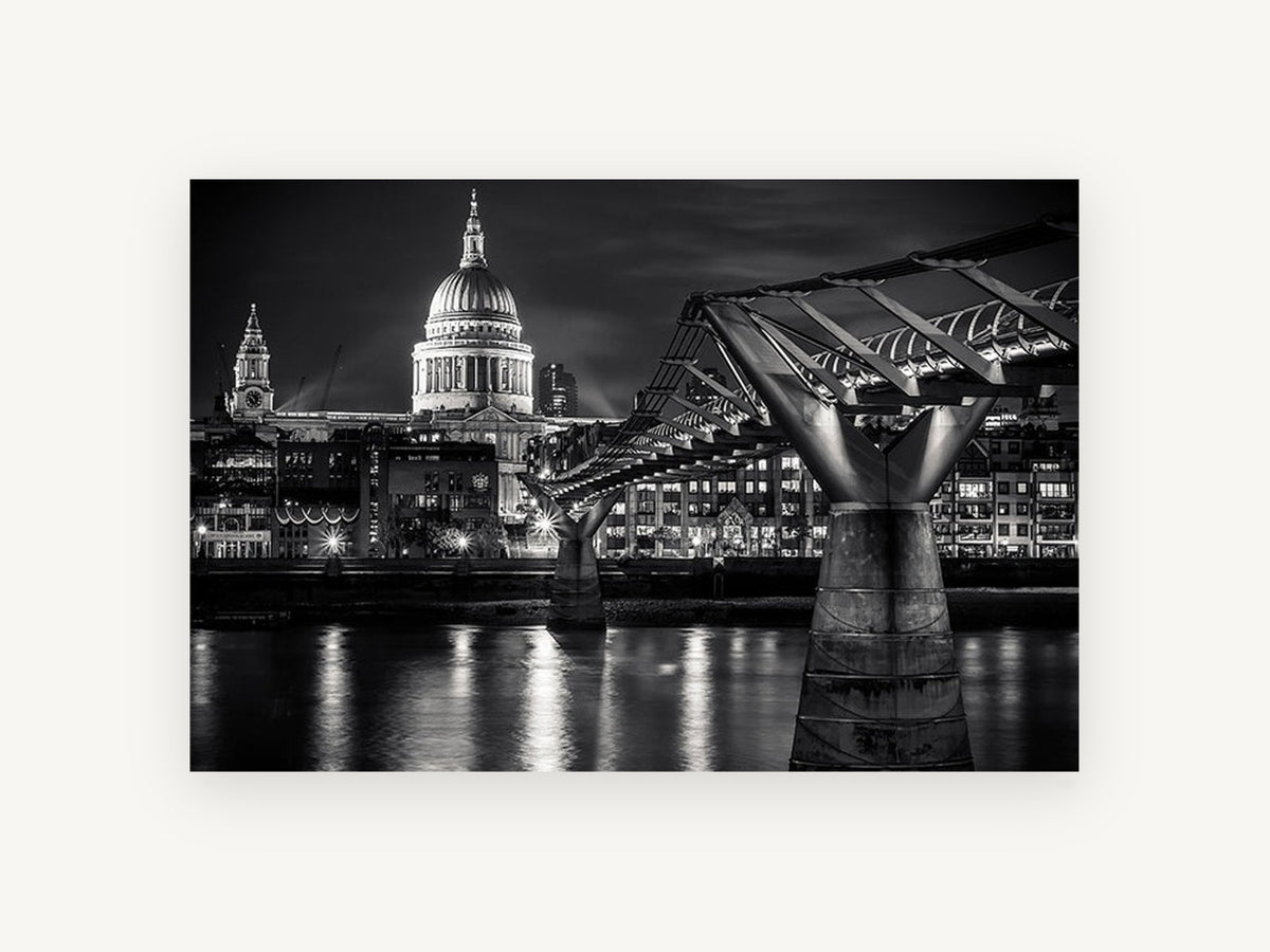 Dome Over the Thames, st paul's and millennium bridge night photograph, city canvas wall art print, front view