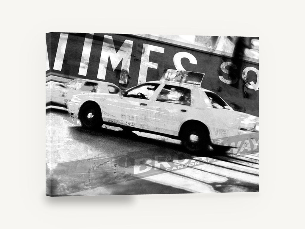 Times Square Taxi Blur, times square taxi black and white, city canvas wall art print ready to hang