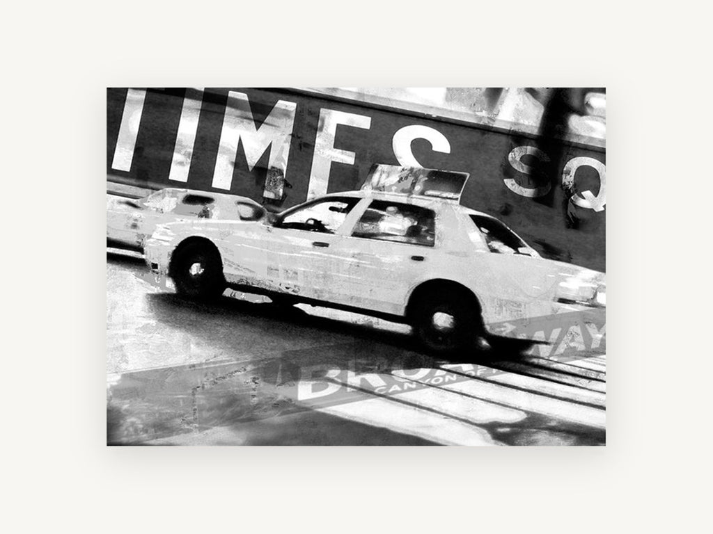Times Square Taxi Blur, times square taxi black and white, city canvas wall art print, front view