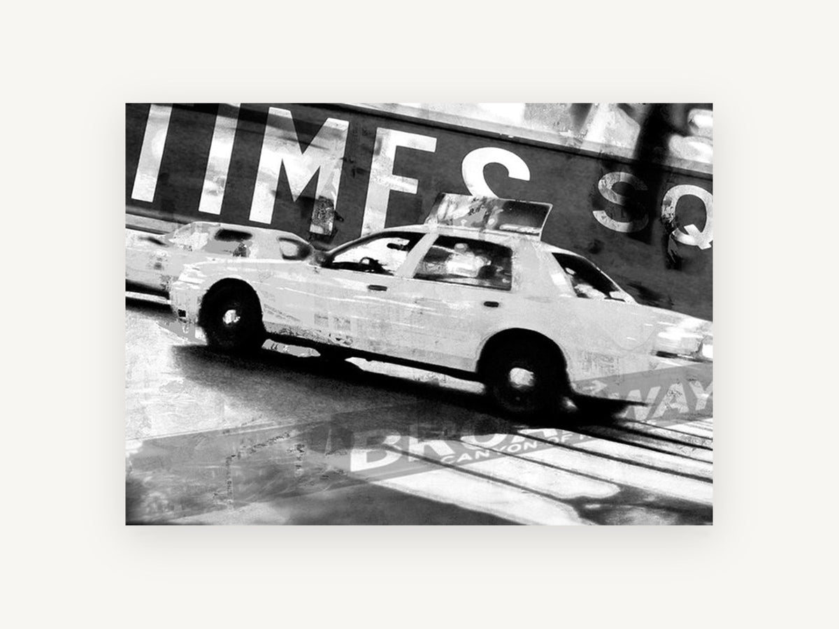 Times Square Taxi Blur, times square taxi black and white, city canvas wall art print, front view