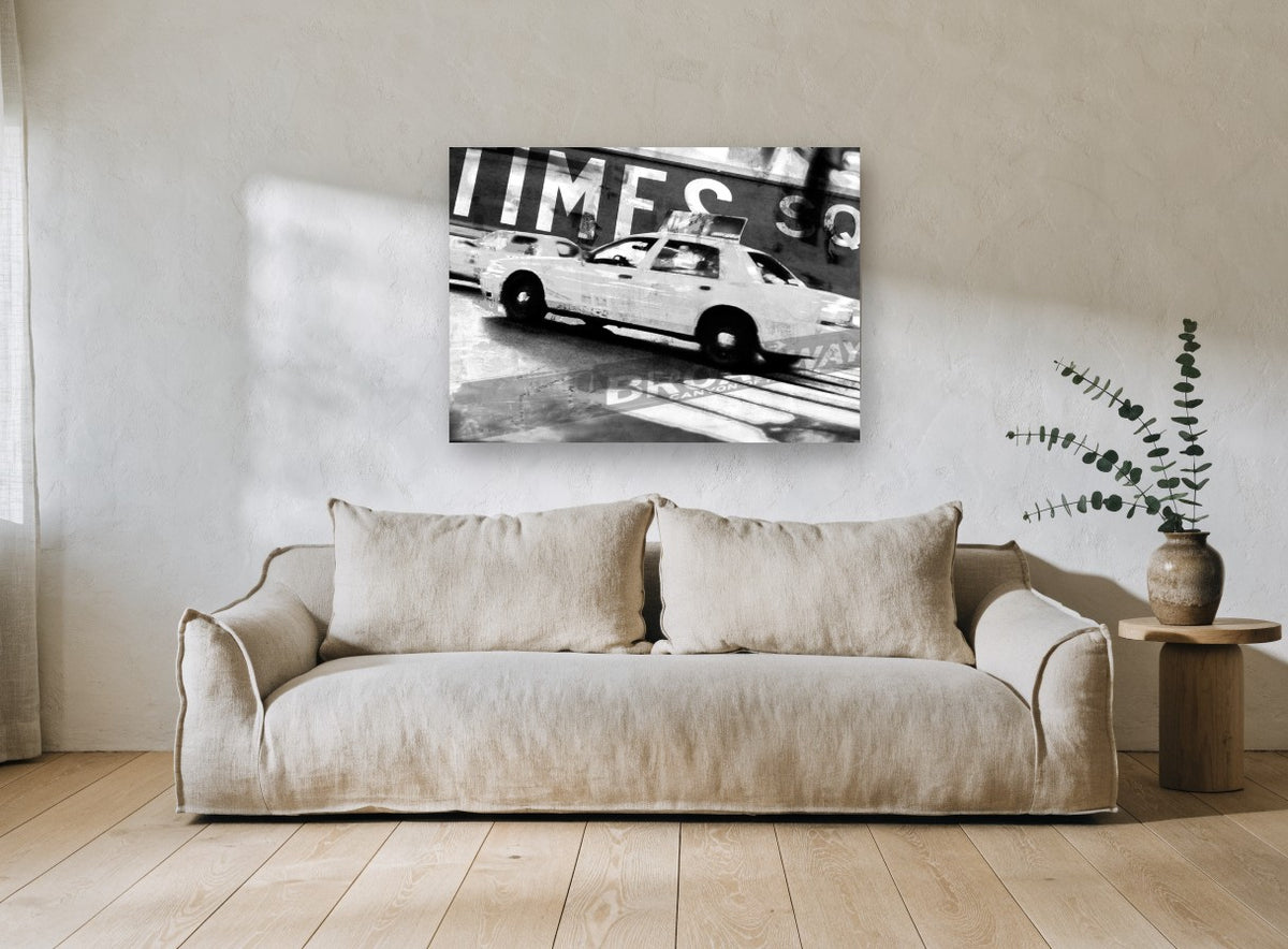 Times Square Taxi Blur city canvas print on the wall of a living room