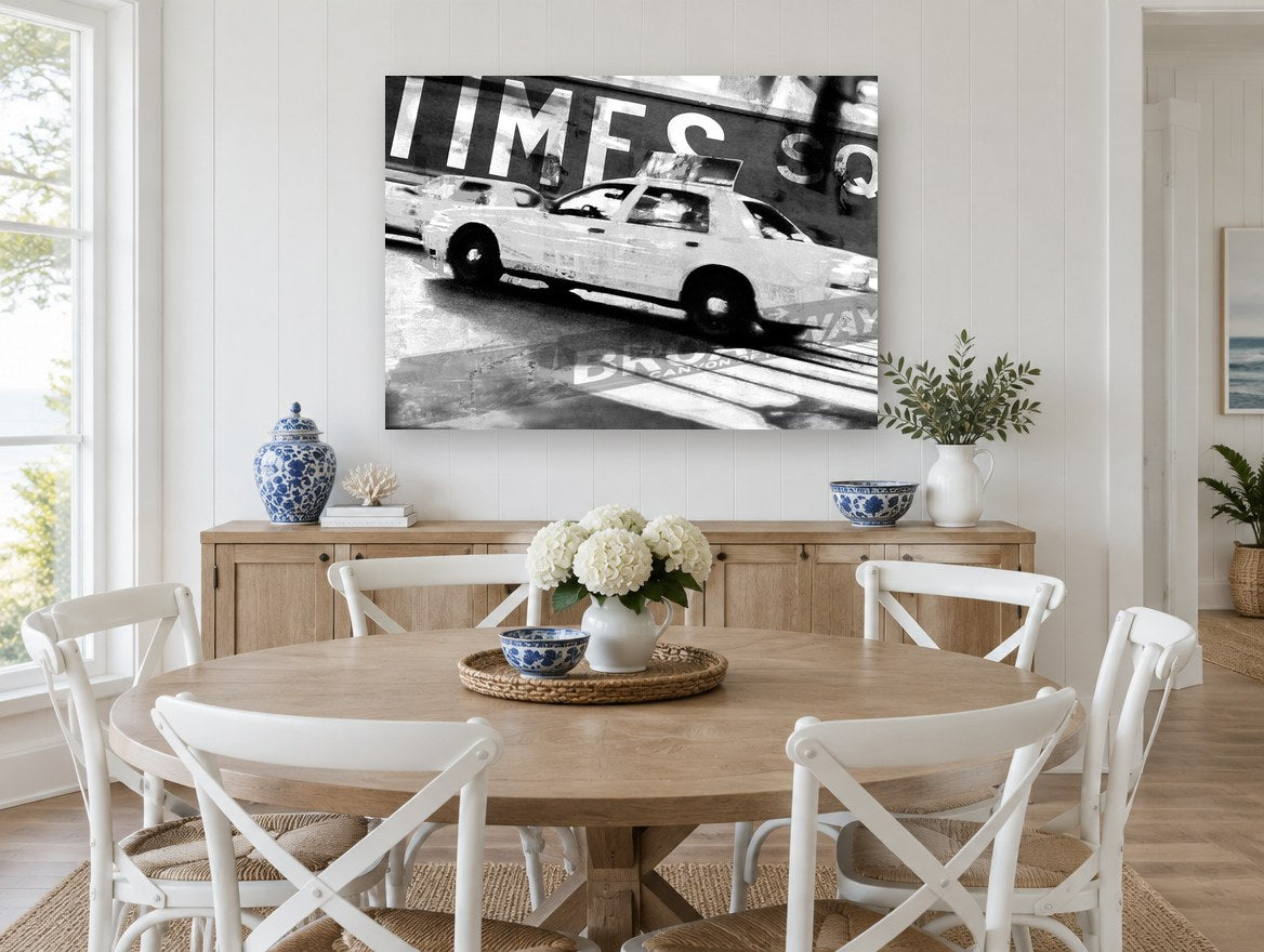 Times Square Taxi Blur city canvas print on the wall of a Hamptons dining room