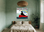 Rainbow Canoe Dog animal canvas print on the wall of a bedroom