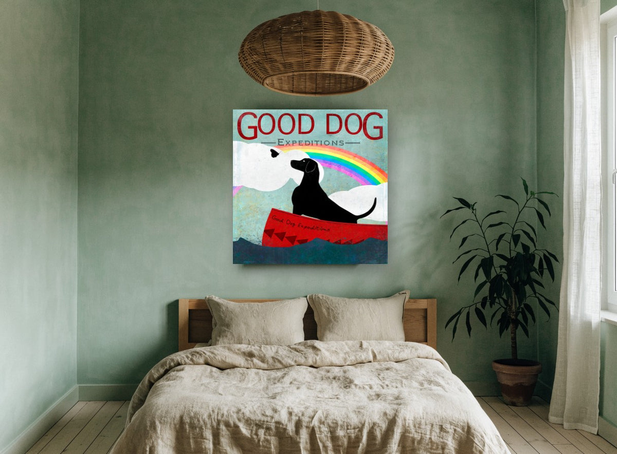 Rainbow Canoe Dog animal canvas print on the wall of a bedroom