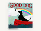 Rainbow Canoe Dog, black dog in canoe rainbow illustration, animal canvas wall art print ready to hang