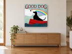 Rainbow Canoe Dog animal canvas print on the wall of a living room above a sideboard