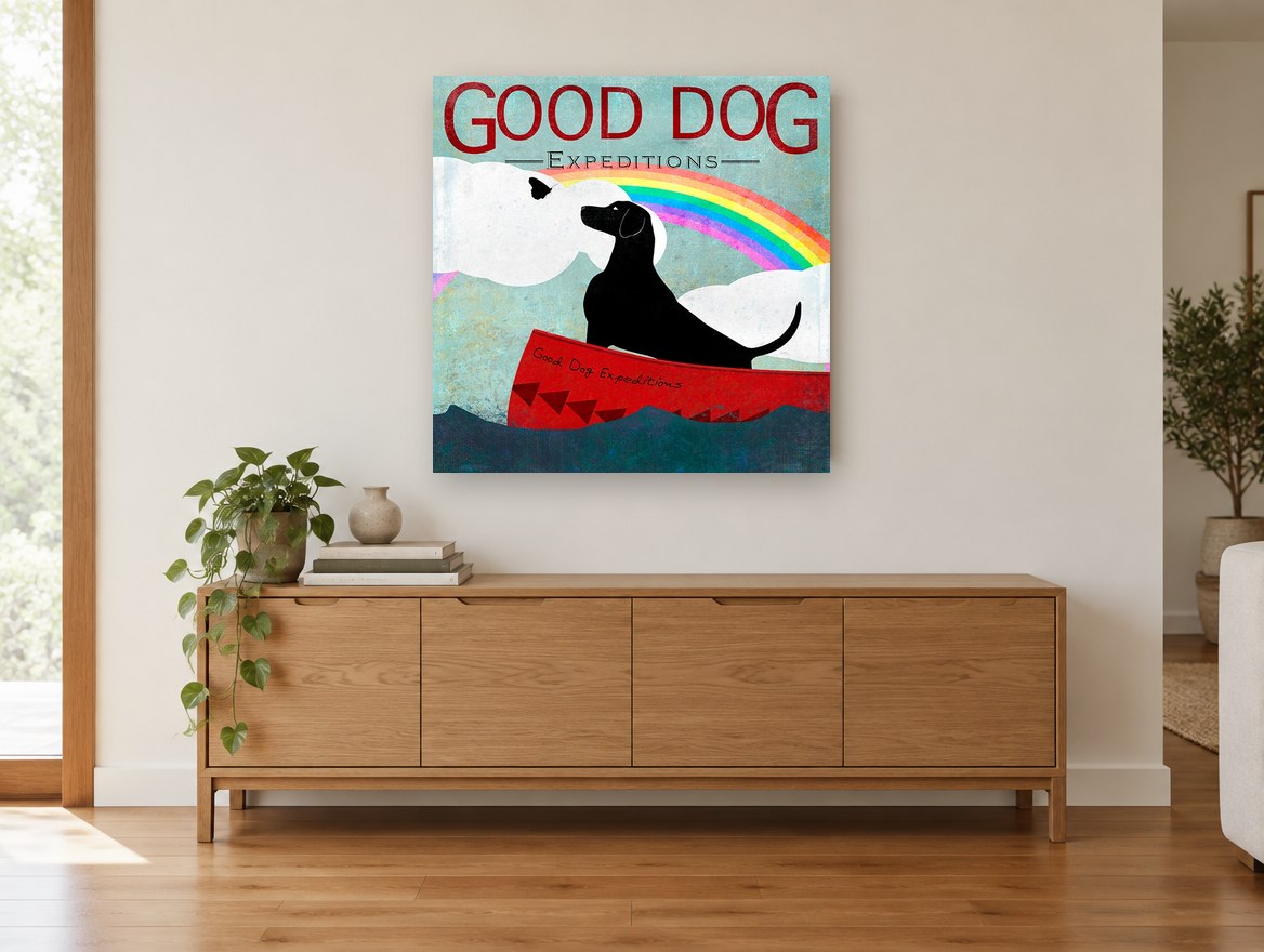 Rainbow Canoe Dog animal canvas print on the wall of a living room above a sideboard