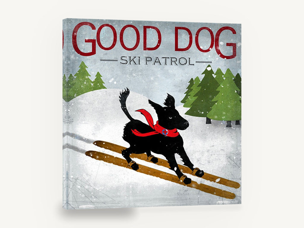 Ski Patrol Black Dog, black dog ski patrol illustration, animal canvas wall art print ready to hang