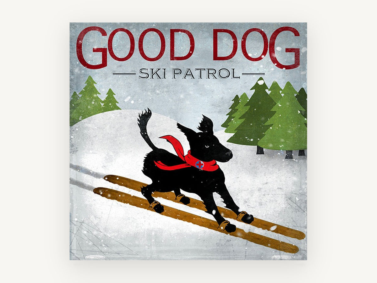 Ski Patrol Black Dog, black dog ski patrol illustration, animal canvas wall art print, front view