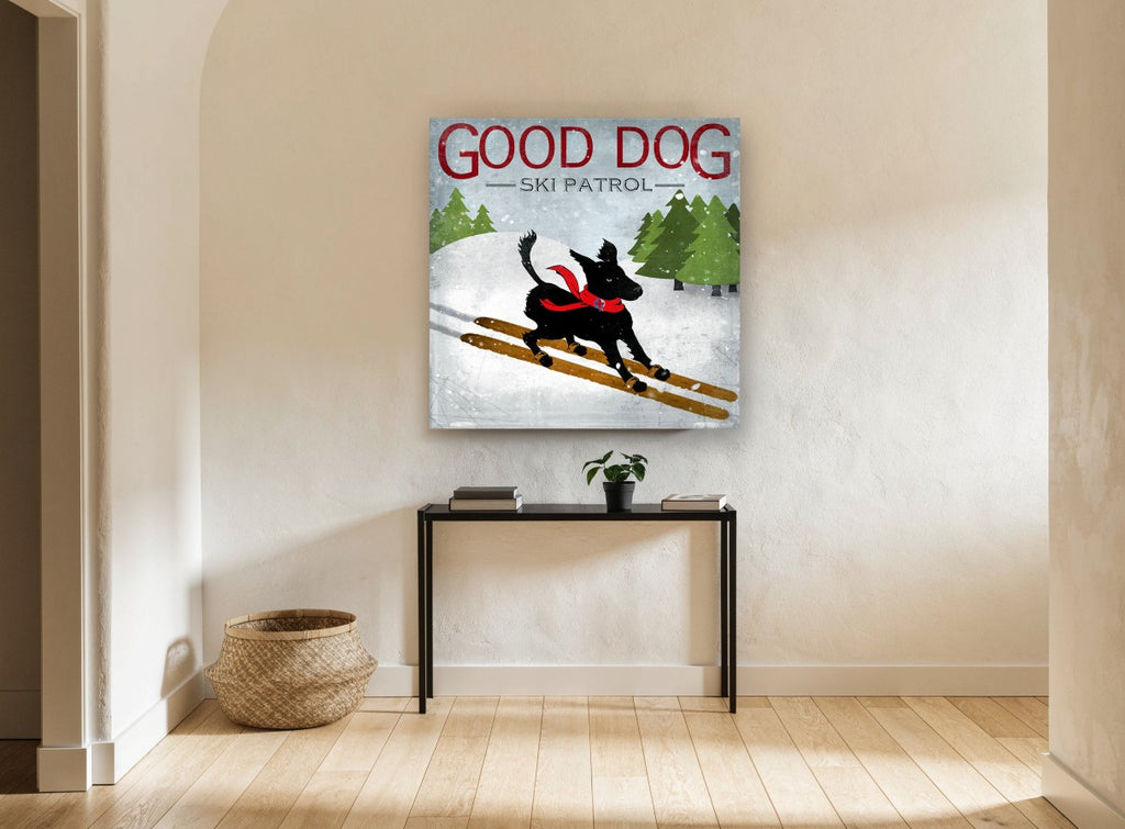 Ski Patrol Black Dog animal canvas print on the wall of a hallway