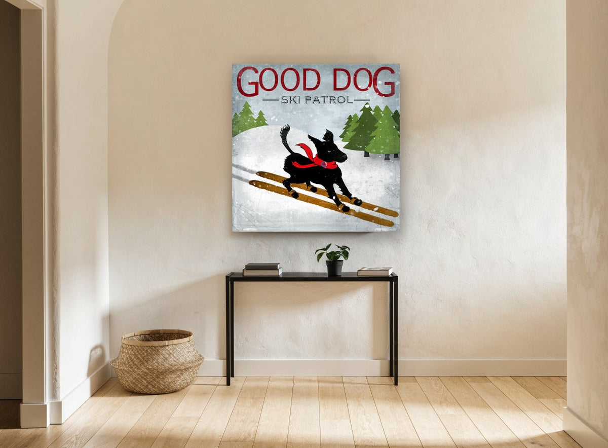 Ski Patrol Black Dog animal canvas print on the wall of a hallway