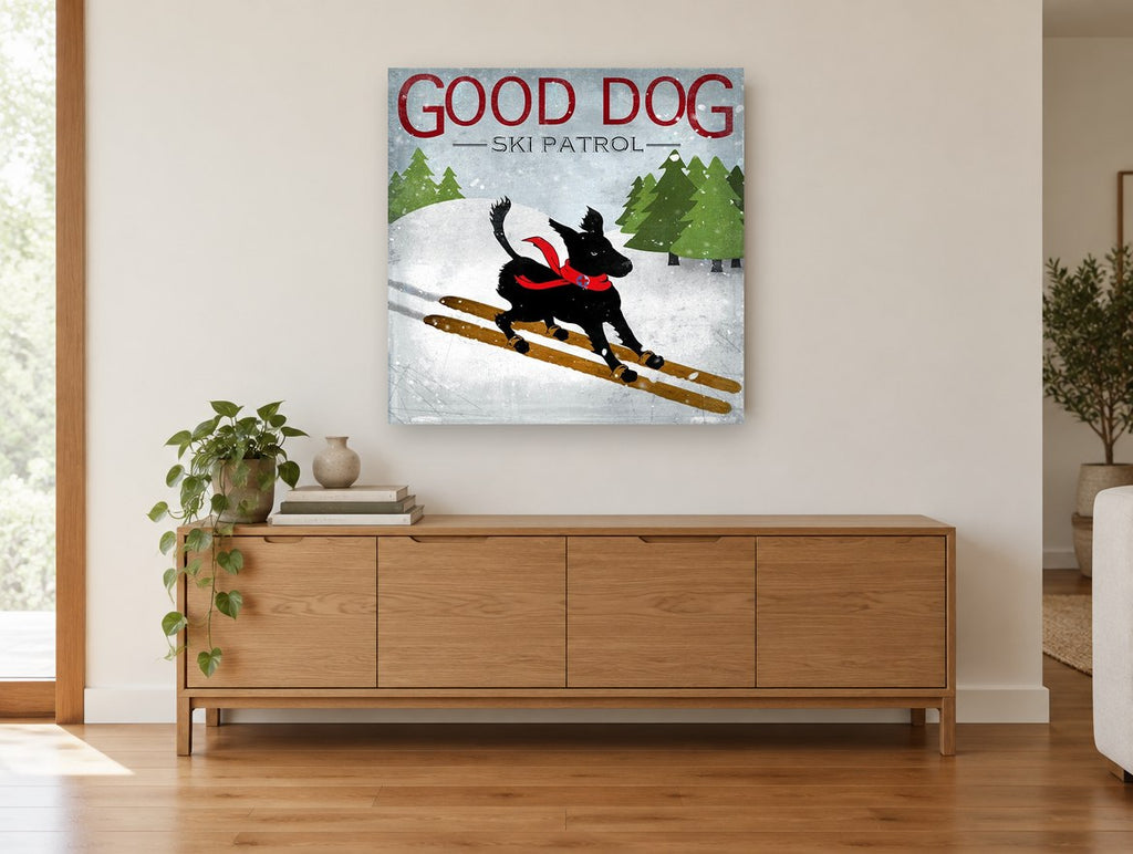 Ski Patrol Black Dog animal canvas print on the wall of a living room above a sideboard