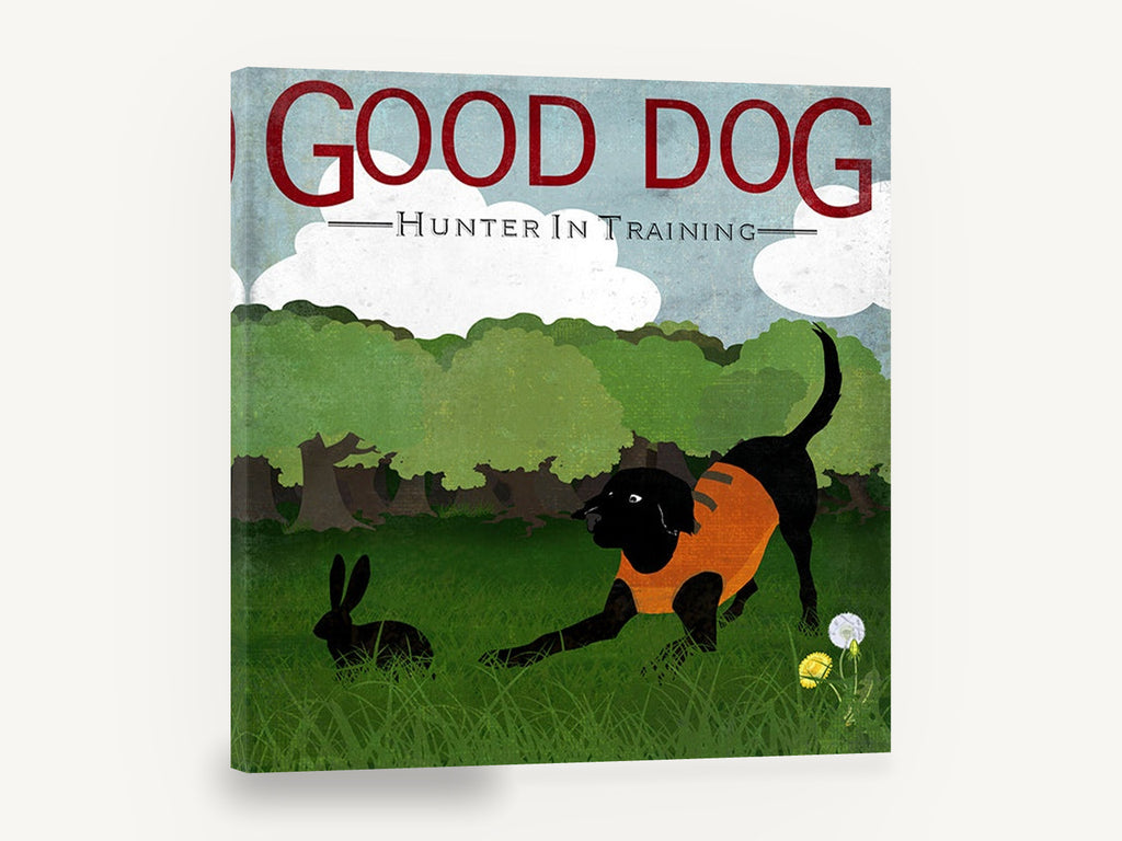 Hunter In Training, black dog and rabbit illustration, landscape canvas wall art print ready to hang