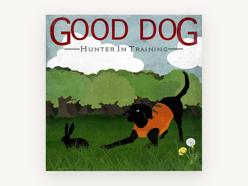 Hunter In Training, black dog and rabbit illustration, landscape canvas wall art print, front view