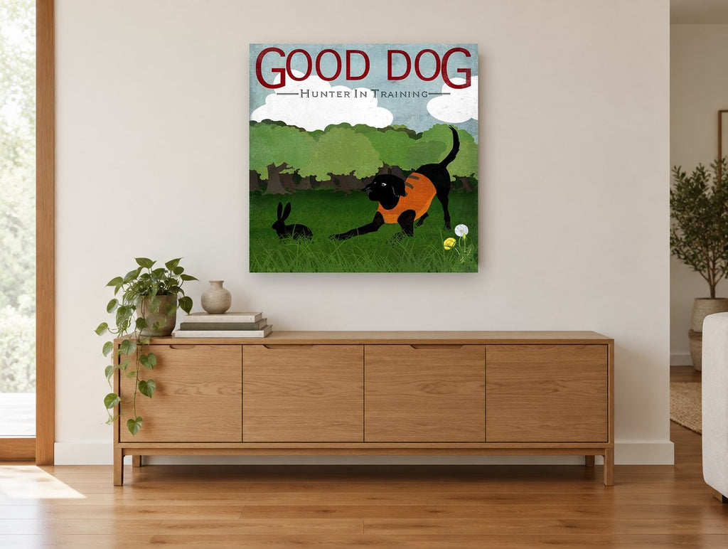 Hunter In Training landscape canvas print on the wall of a living room above a sideboard