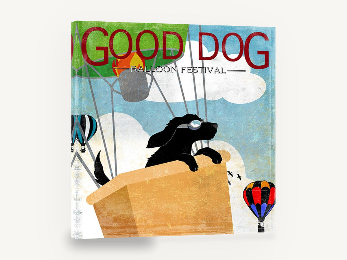Pilot Pup Balloon Poster, black dog hot air balloon illustration, animal canvas wall art print ready to hang