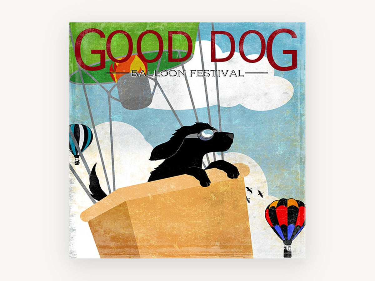 Pilot Pup Balloon Poster, black dog hot air balloon illustration, animal canvas wall art print, front view