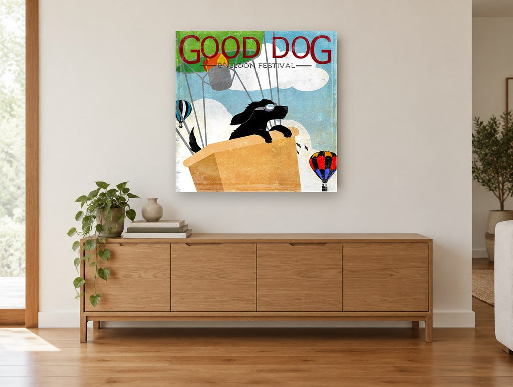 Pilot Pup Balloon Poster animal canvas print on the wall of a living room above a sideboard
