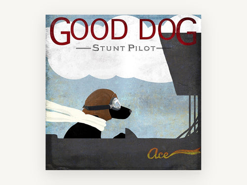 Ace Pilot Lab, black labrador stunt pilot illustration, animal canvas wall art print, front view