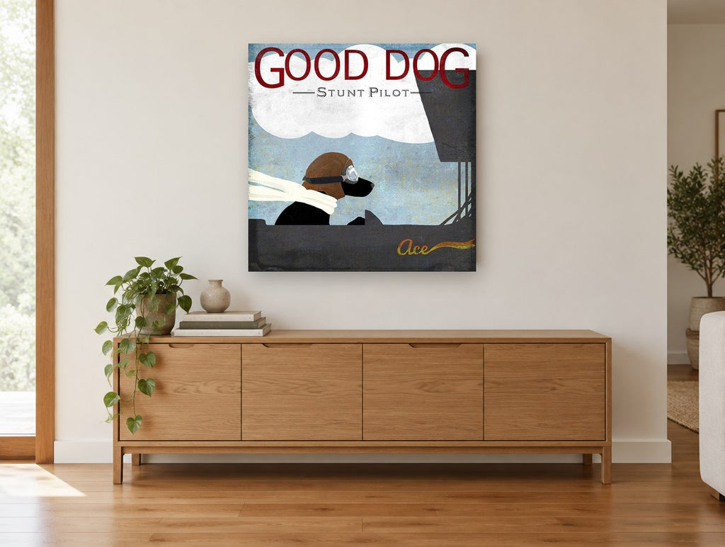 Ace Pilot Lab animal canvas print on the wall of a living room above a sideboard