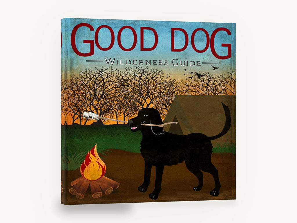Campfire Lab Guide, black labrador camping illustration, animal canvas wall art print ready to hang