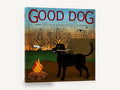 Campfire Lab Guide, black labrador camping illustration, animal canvas wall art print ready to hang